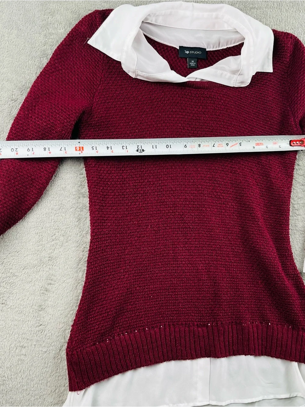 AB Studio Burgundy Crewneck Sweater with White Shirt Hem